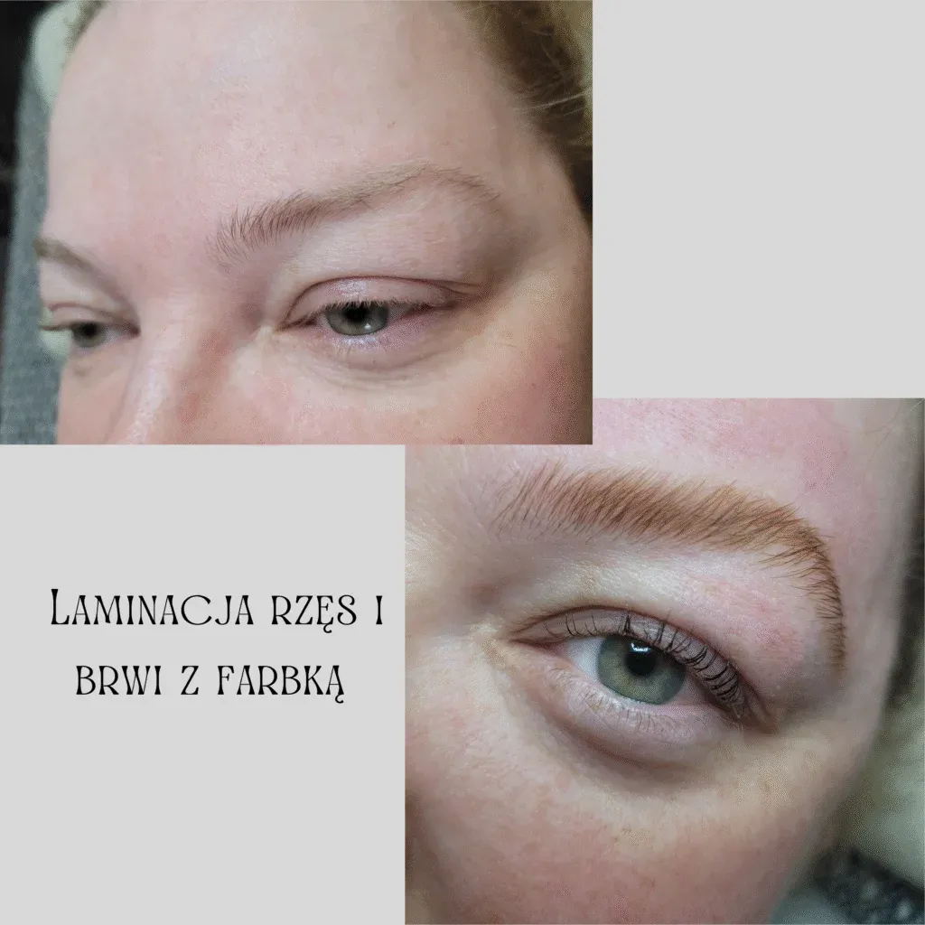 Laminacja rzęs i brwi z farbką — efekt przed i po zabiegu — salon Me & Myself Wołomin